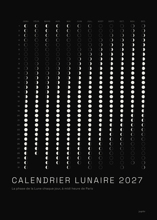 Calendrier lunaire 2027, affiche noir et blanc Jupitr