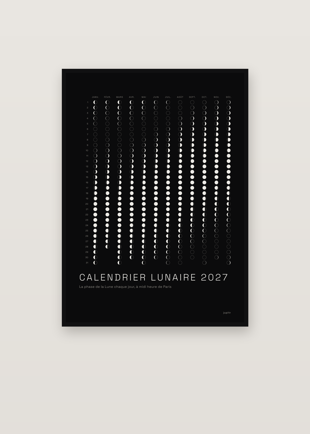Calendrier lunaire 2027 dans un cadre noir
